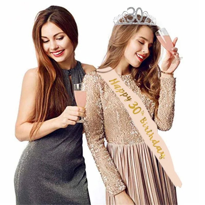 Happy Birthday 18th 30th 40th 50th Rose Gold Satin Sash Crystal Crown Tiara Adult Birthday Party Decoration Anniversary Supplies
