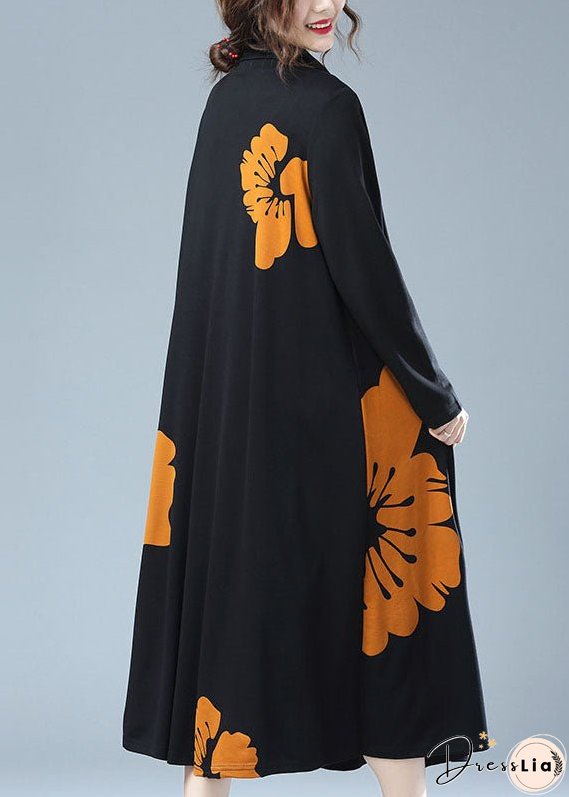 New Yellow Turtleneck Print Patchwork Cotton Long Dresses Fall