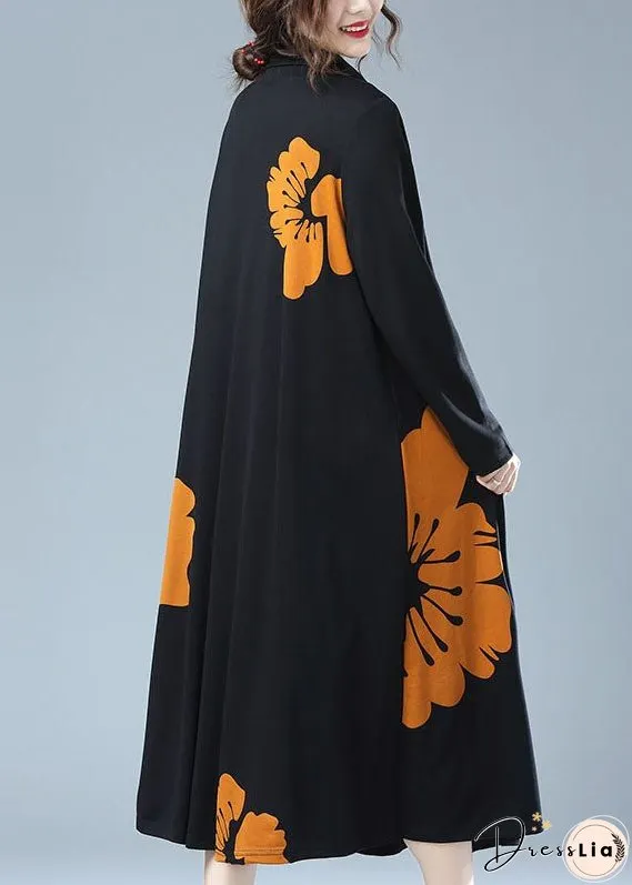 New Yellow Turtleneck Print Patchwork Cotton Long Dresses Fall