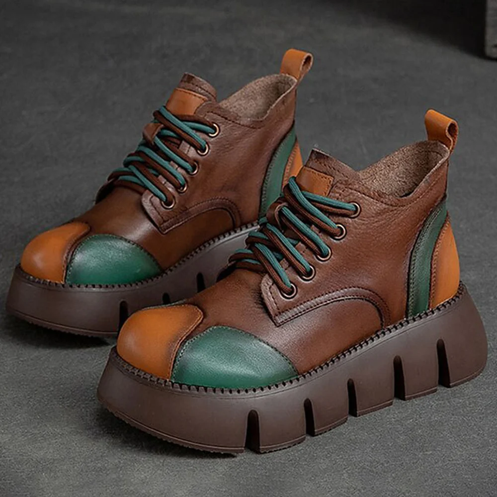 Smiledeer Color block leather platform boots