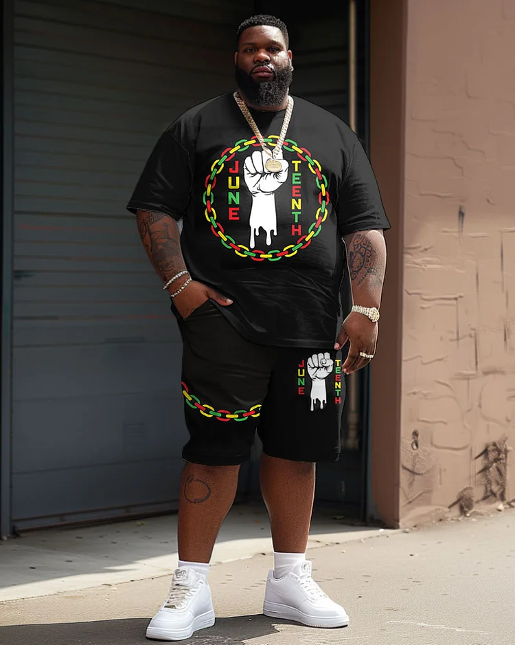 Men's Plus Size Juneteenth Black History Month Chain Fist Print T-Shirt Shorts Suit