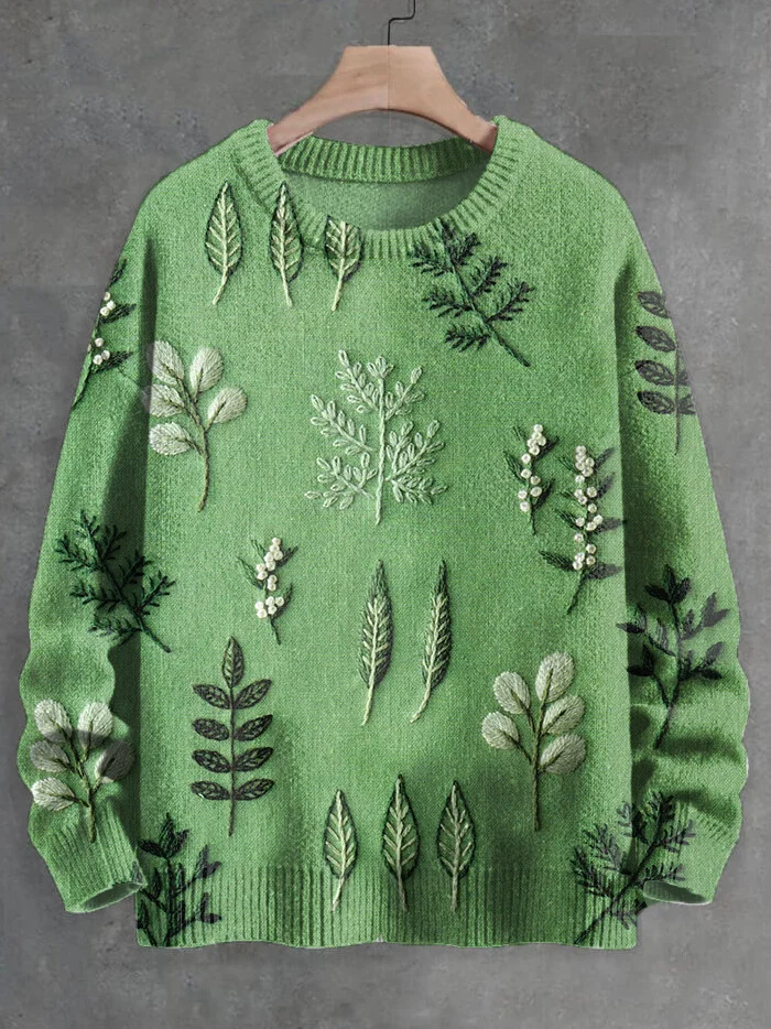 Men's Leaf And Plant Art Print Knit Sweatshirt