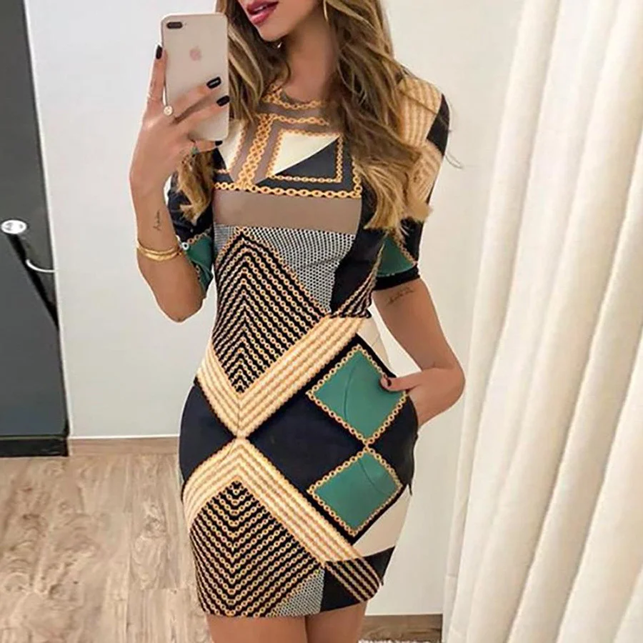 Ueong New Fashionable Women's Slimming Pocket Positioning Printed Short-Sleeved Dress From Stock