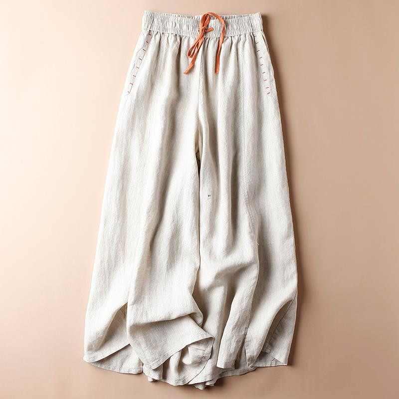 Summer thin cotton linen cropped trousers