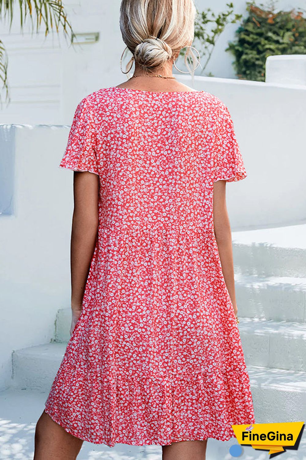 V Neck Floral Print Casual Mini Dress