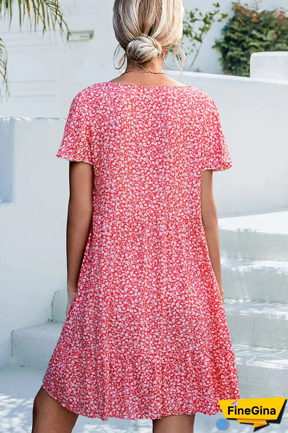 V Neck Floral Print Casual Mini Dress