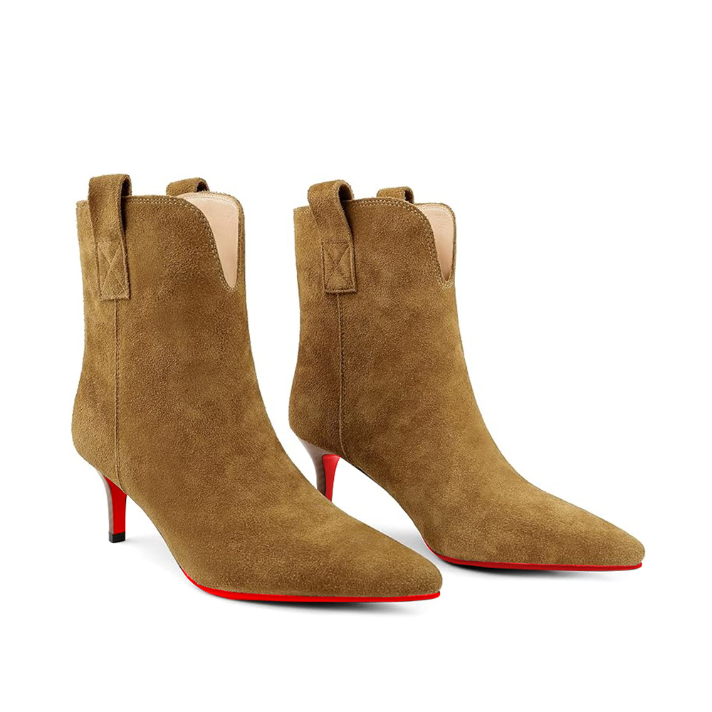 2.36'' Women's Ankle Boots Closed Pointed Toe Kitten Red Bottoms Stilettos Suede Booties-MERUMOTE