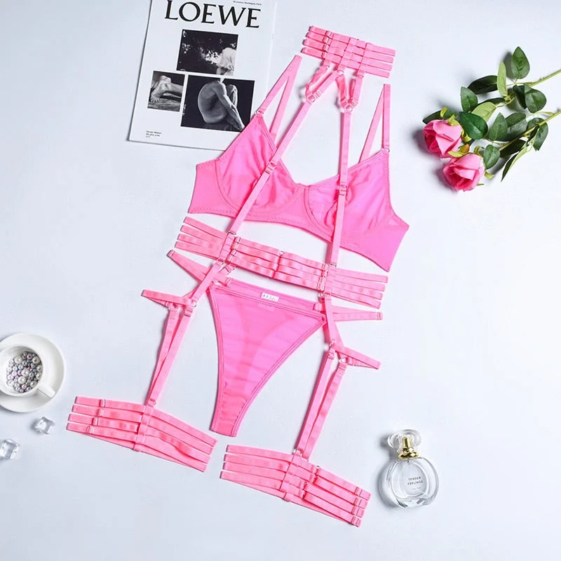 MIRABELLE Halter Lingerie Set Mesh Erotic Set Woman 3 Pieces Sexy Bra See Through Lace Underwear Thongs Garters Pink Setup