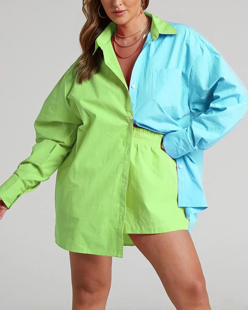 Casual Two Piece Colorblock Shirt & Shorts