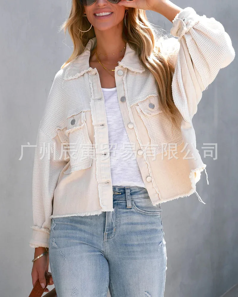 Toloer The Ins New Autumn / Winter Ladies Cotton Waffle Denim Patchwork Niche Loose Jacket Jacket-Outfit Ideas