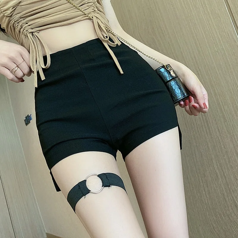 New summer Gothic High Waist Shorts Women Clothing Slim Skinny Sexy Black Bottoms Wear Side Slit Punk Short Femme KZ412