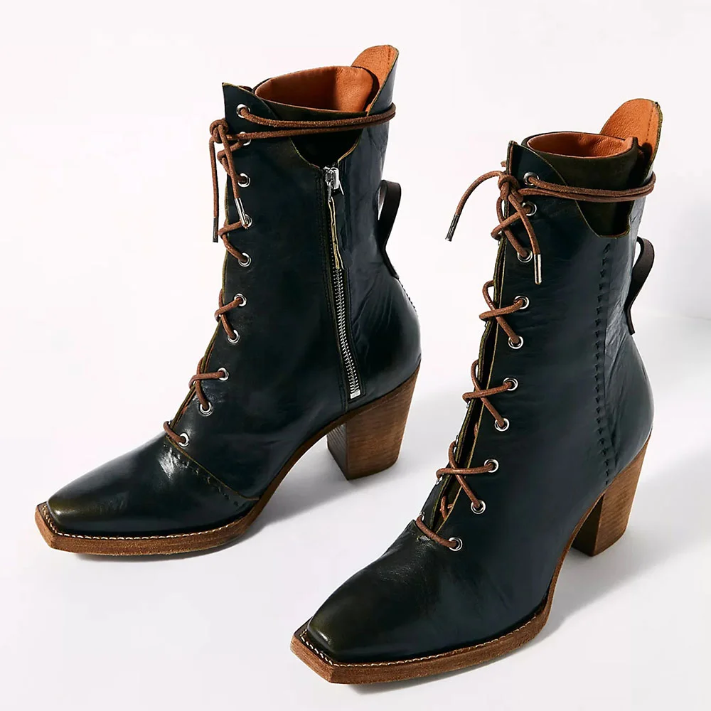 Black Square Toe Zipper Stacked Heel Lace-Up Short Boots for Women