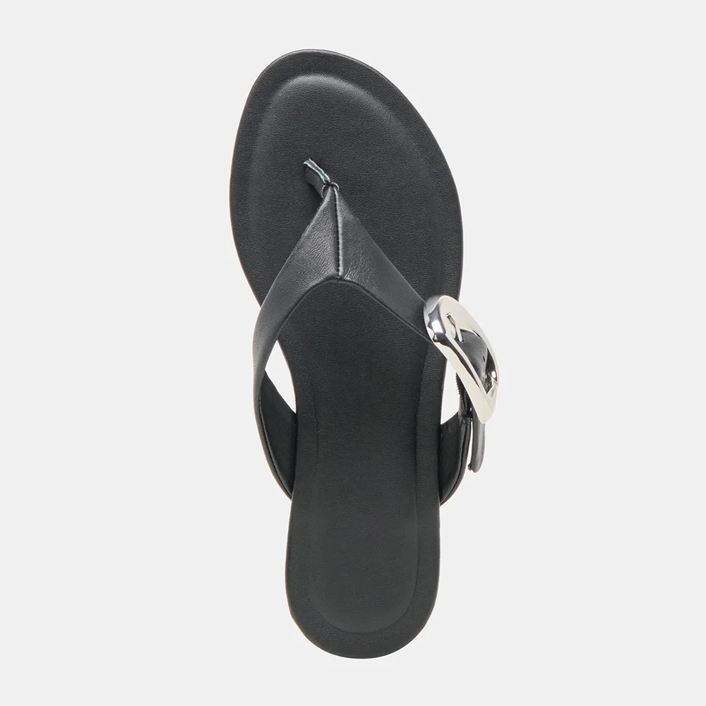 Vegan Leather Open Toe Buckle Flip Flop Black Sandals for Women