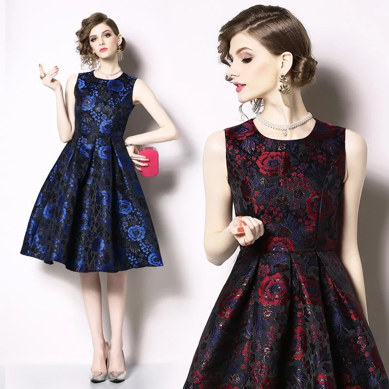 Temperament color big swing sleeveless vest jacquard dress
