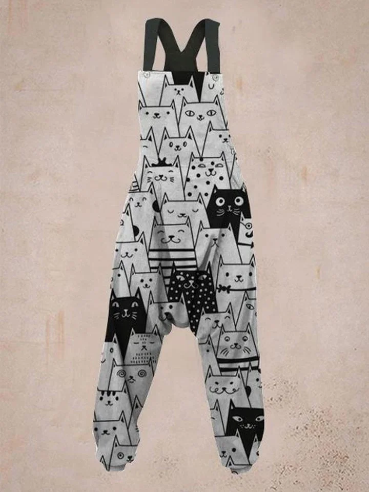 Black And White Cartoon Cat Print Harem Jumpsuit