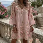 Women's Vintage Pink Rose Embroidery Art V Neck Linen Blend Midi Dress - Image 2