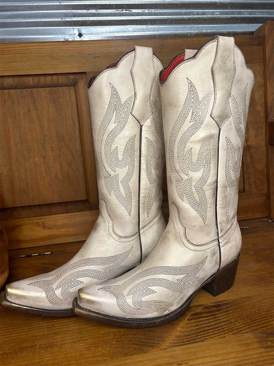 White Vegan Leather Snip Toe Embroidered Block Heel Mid Calf Cowgirl Boots