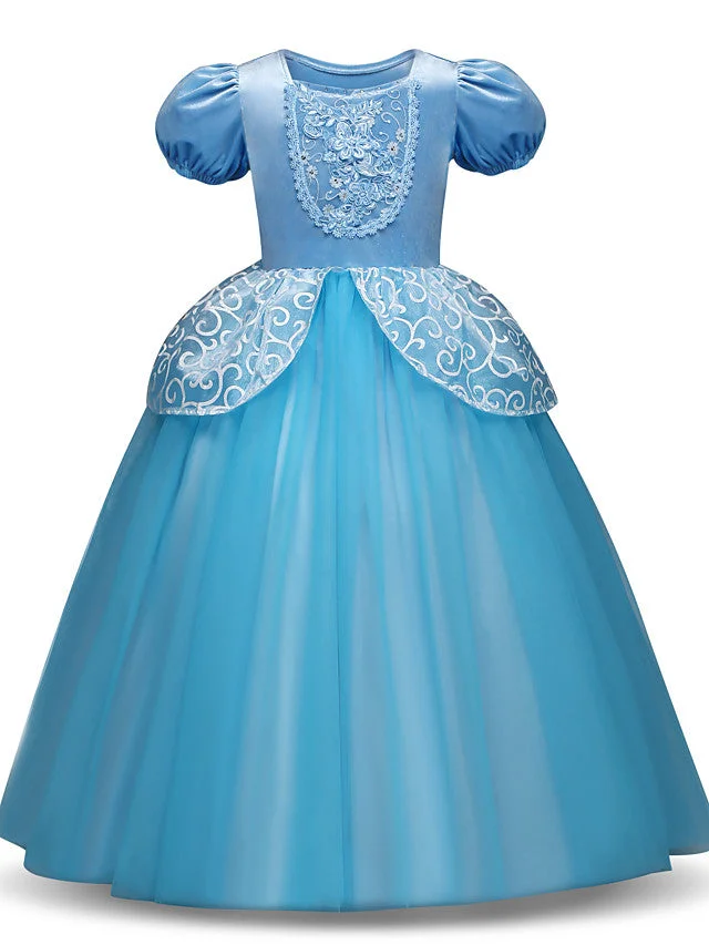 Daisda  Long Length Short Sleeve Jewel Neck Flower Girl Dresses Tulle Polyester With Tier  Appliques
