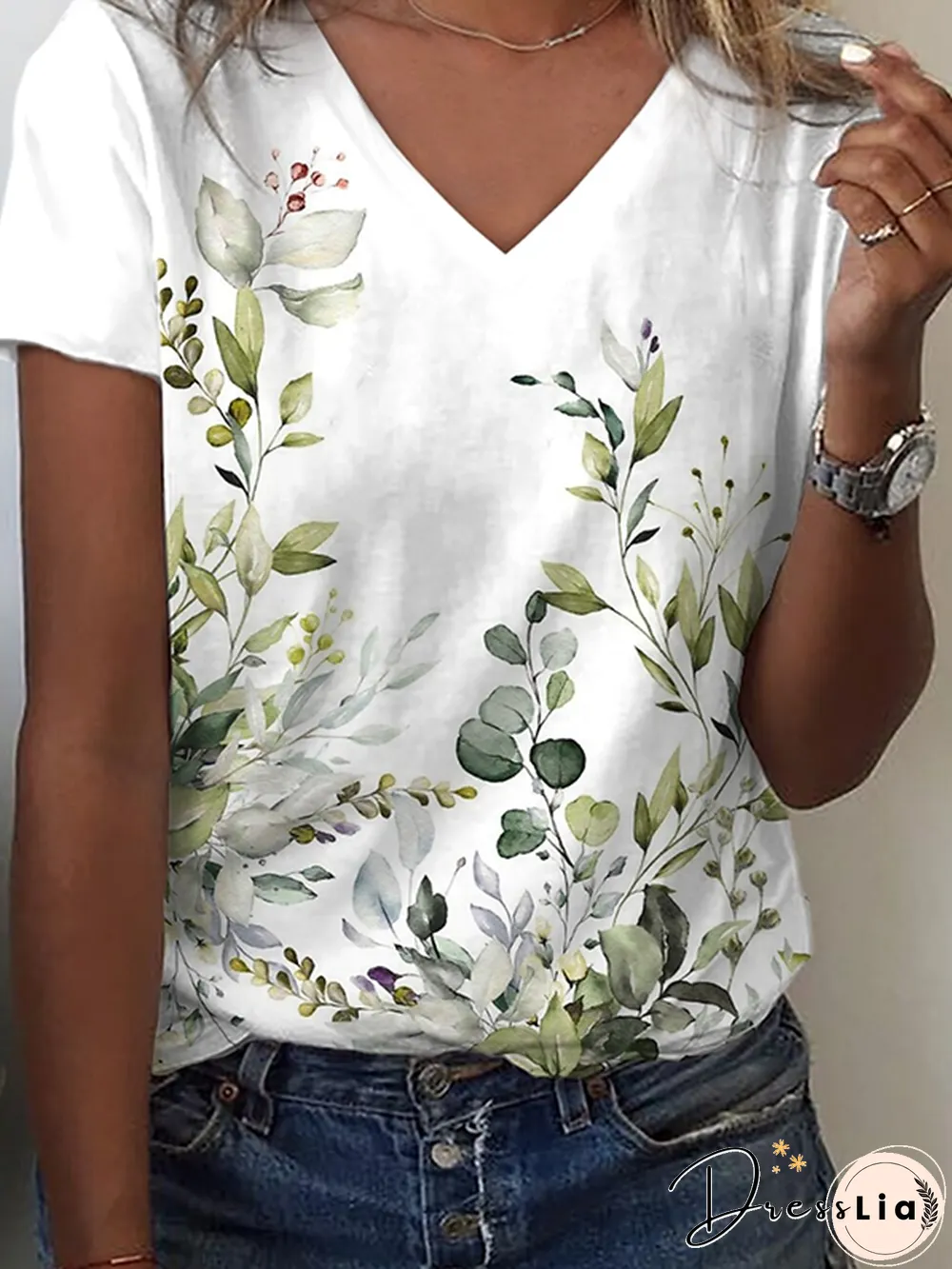 Leaves V neck Casual Short Sleeve T-Shirt