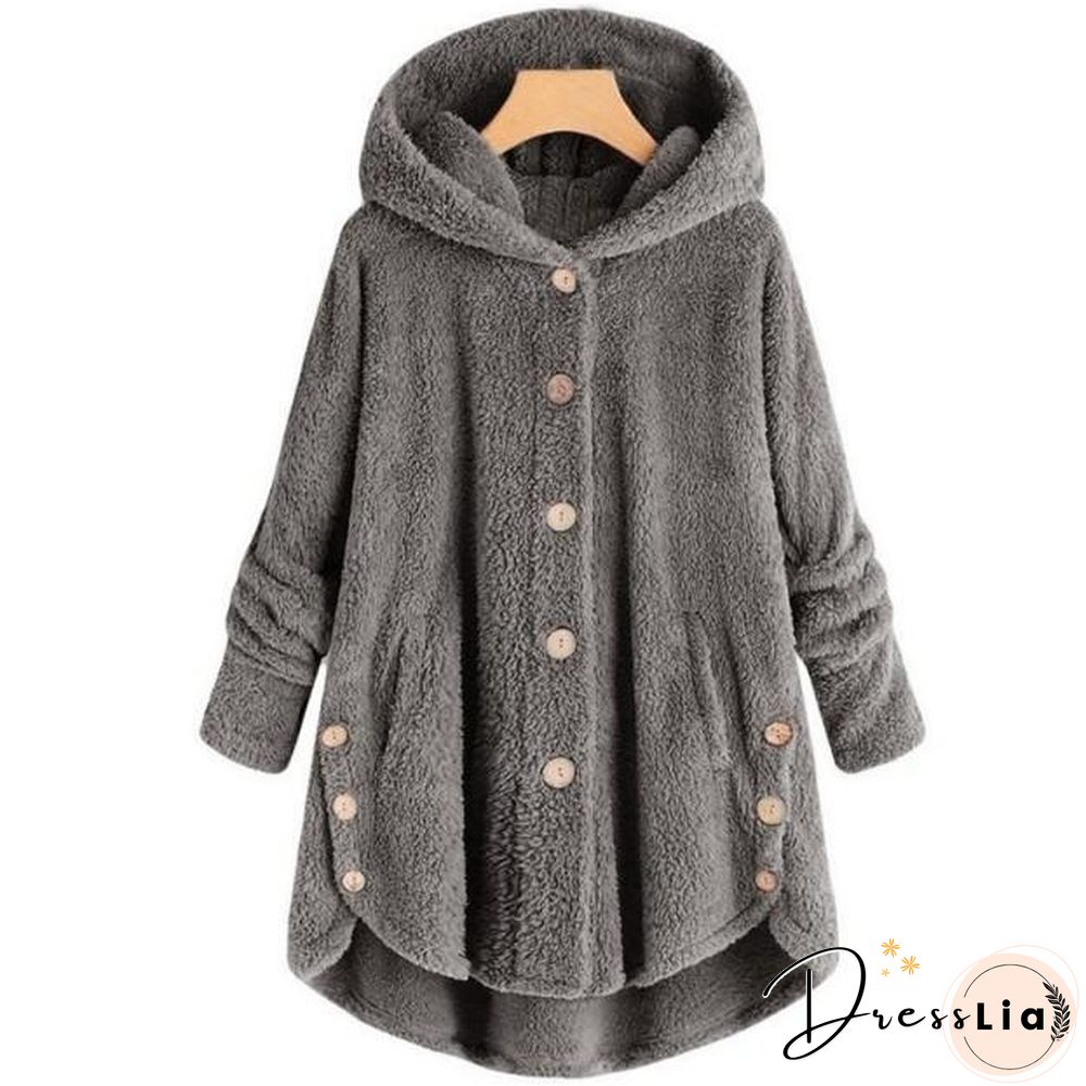 Button Solid Color Warm Coat With Hood