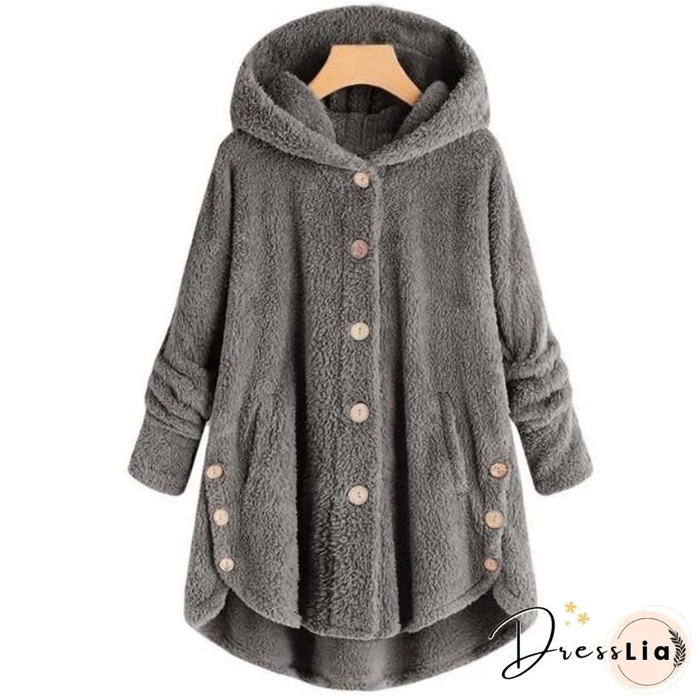 Button Solid Color Warm Coat With Hood