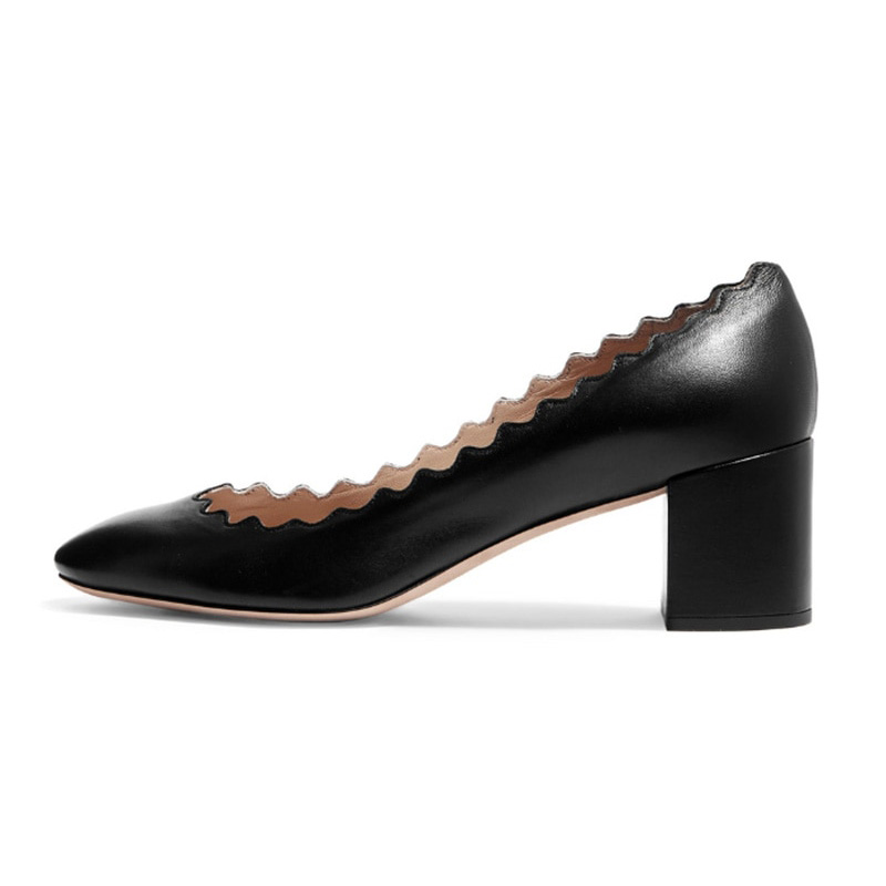 Scalloped Edge Round Toe Block Heel Slip-On Black Pumps for Women Nicepairs