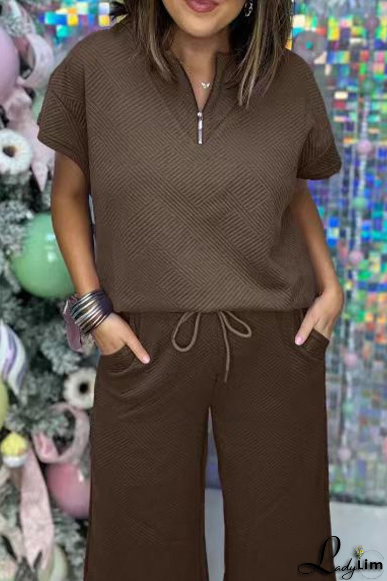 Casual Simplicity Solid Pocket Zipper Texture Turndown Collar Short Sleeve Two Pieces