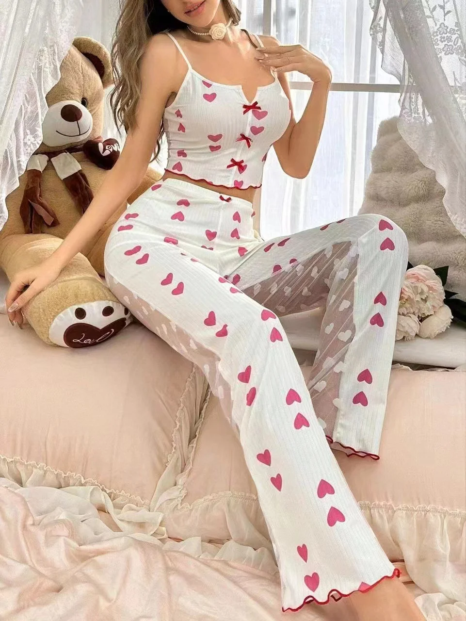 Uveng 2024 Printed Color Impact Printing Mesh Home Clothes Front Lint Front Lint Hanging Pajamas Set