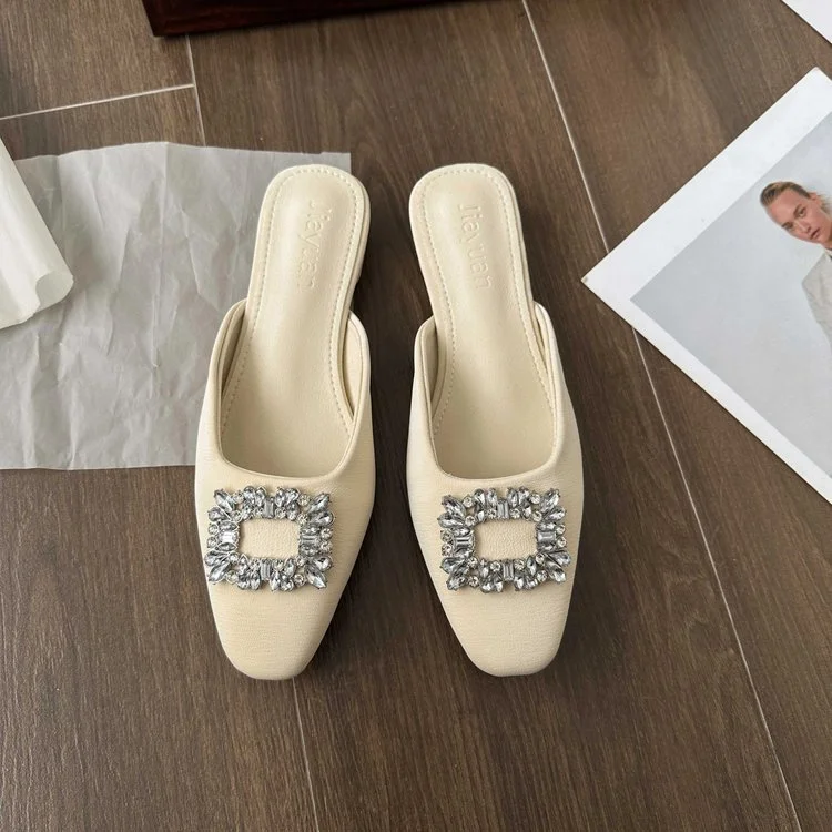 Wongn Wongn Half Drag Female 2024 Summer New Fashion Rhinestone Square Buckle Flat Bottom Cool Drag Flat With Slippers Women's Shoes Tide