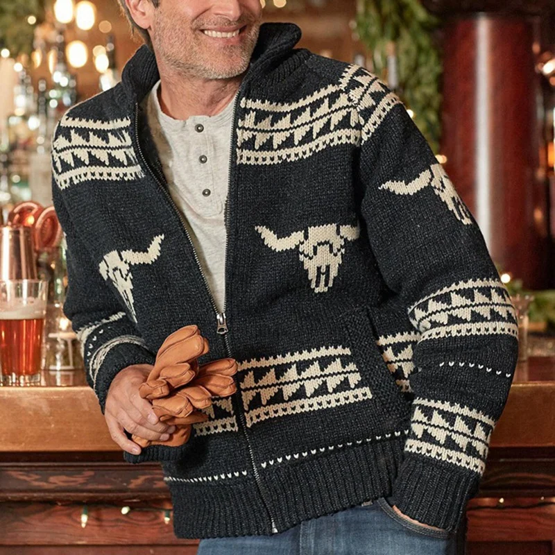Vintage Bull Head Jacquard Zip Cardigan