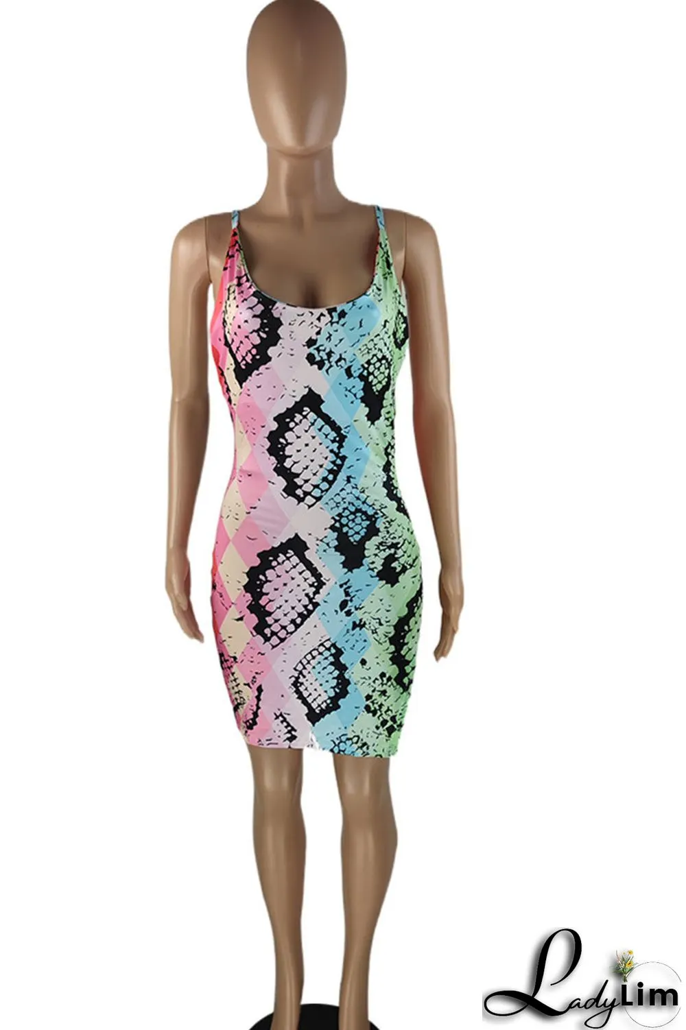 Multi-color Sexy Print Split Joint Slit Spaghetti Strap Pencil Skirt Dresses