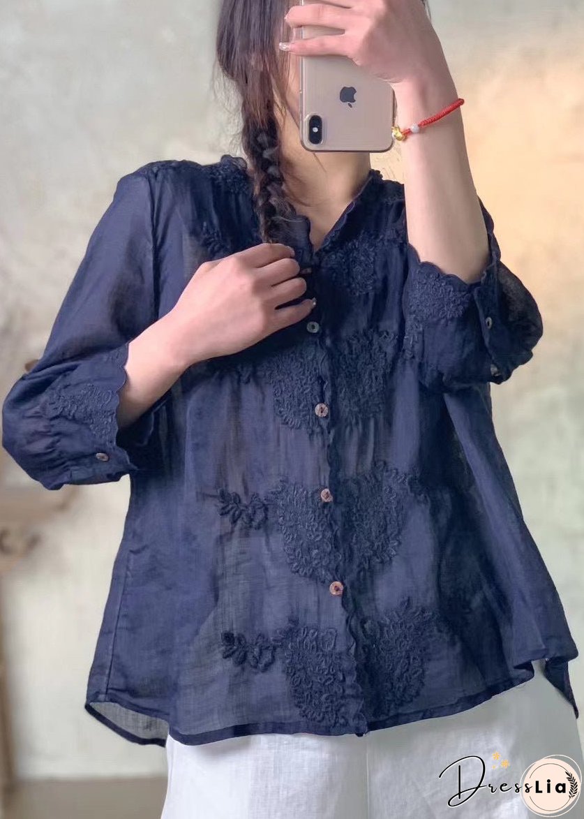 New Pink V Neck Embroidered Button Linen Shirt Spring