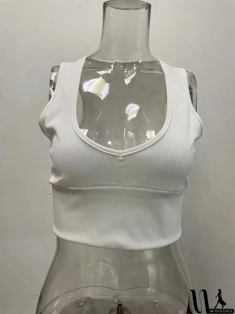 MidiSono - Women Summer White Deep V-neck Solid Knit Tank Tops