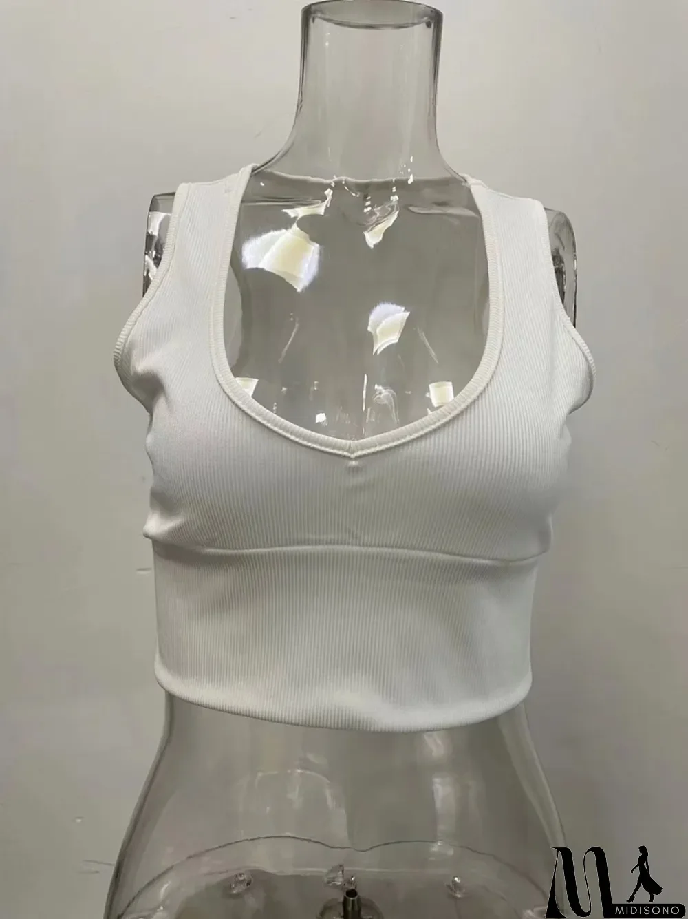 MidiSono - Women Summer White Deep V-neck Solid Knit Tank Tops