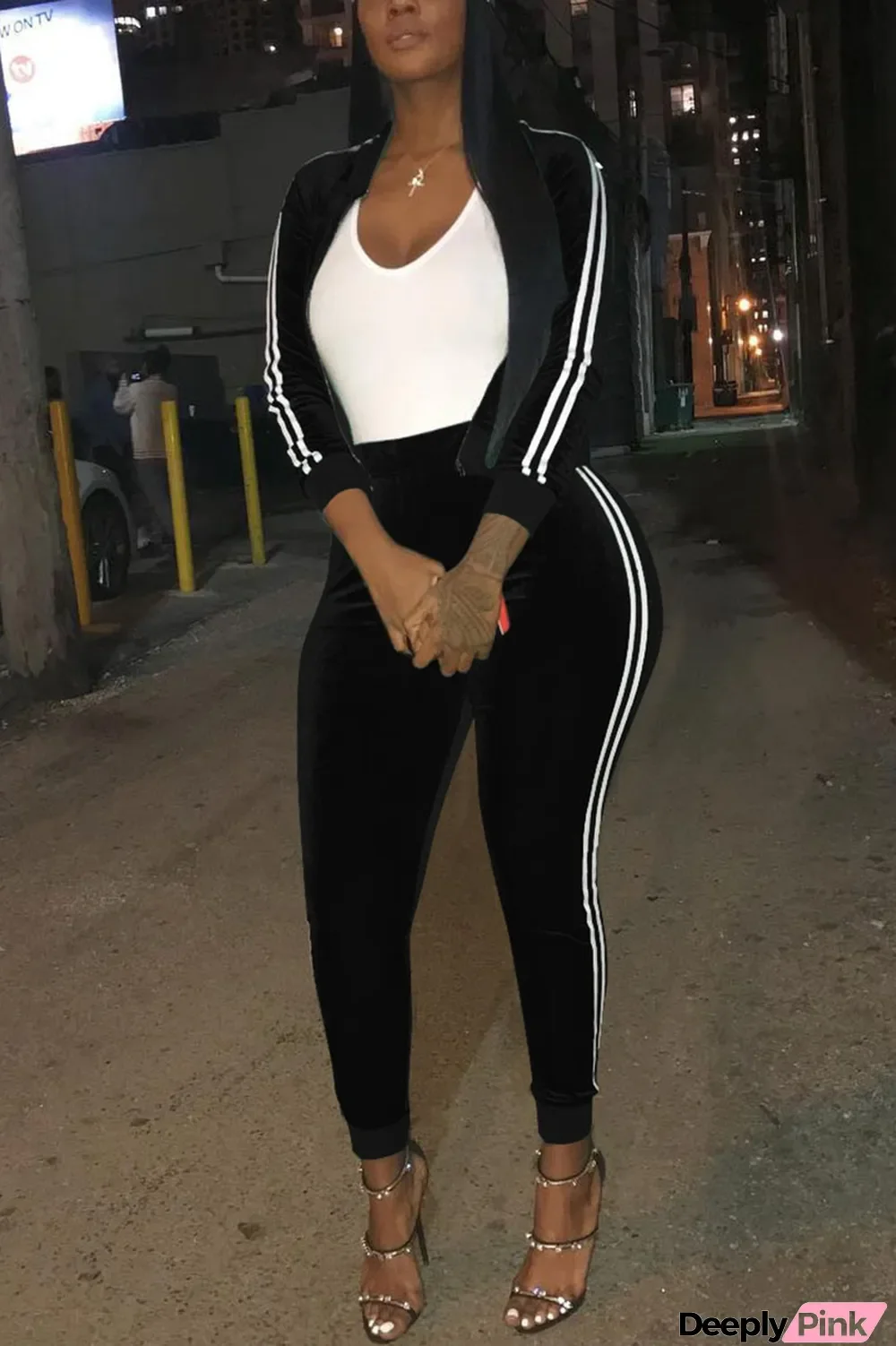 Black Sportswear Striped Patchwork O Neck Long Sleeve Two Pieces