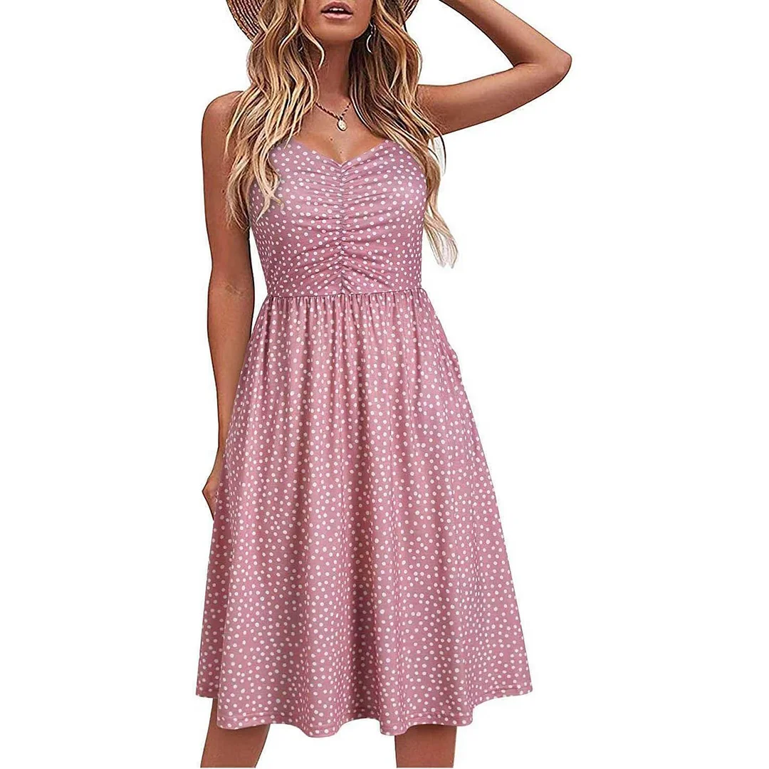 Casual Dress Women 2023 New  Button V Neck Sleeveless Loose A-line Dress Woman Summer Casual Midi Sling Dresses Vestidos