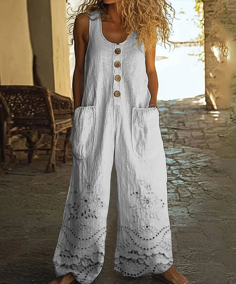 Vintage Floral Pattern Art Print Casual Wide-leg Jumpsuit