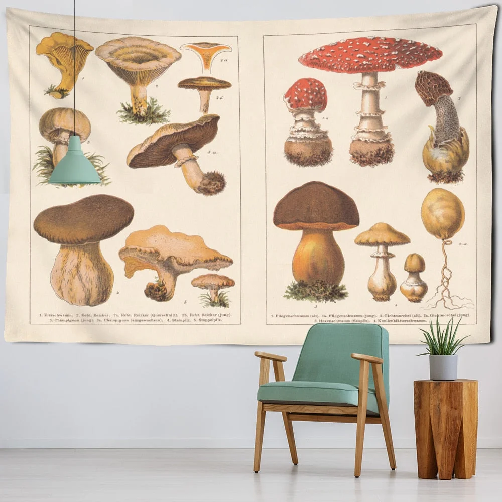 Mushroom Identification Chart Tapestry Wall Hanging Mycology Psychedelic Witchcraft Tarot Retro Home Decor