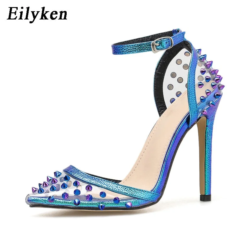 EilyKen Elegant Blue High Heels Women Pumps Pointed Toe Wedding Shoes Buckle Strap Party Rivet Pumps Shoes Women