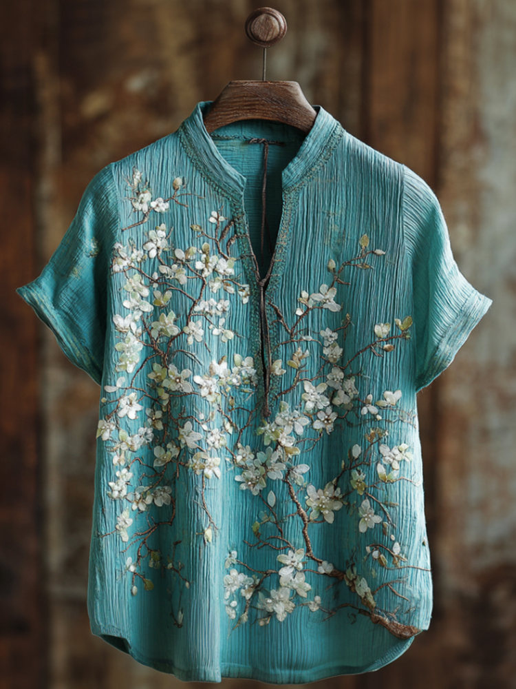 Vintage White Floral Art Embroidered Washed Casual Short Sleeve Top elevenforest