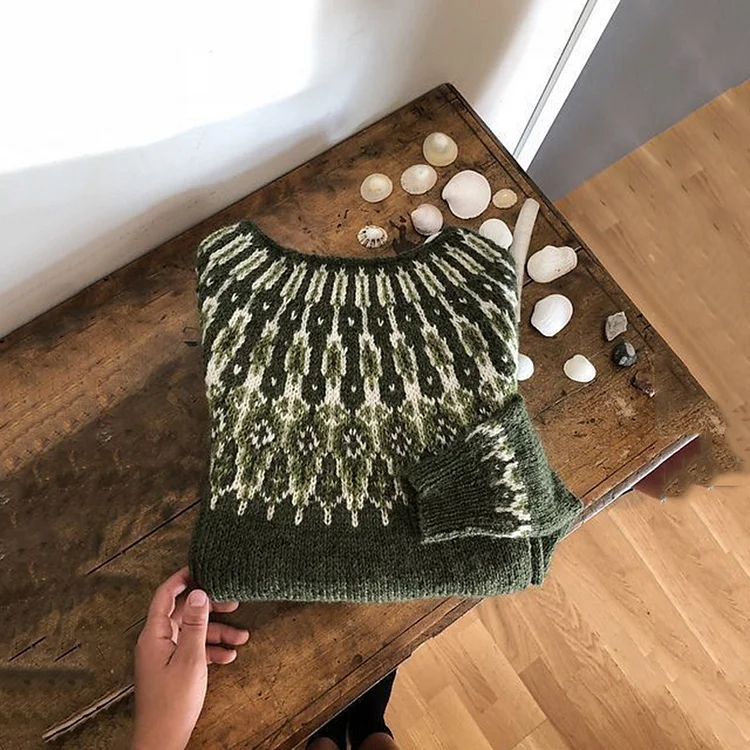 Vintage Geometry Icelandic Knit Cozy Pullover Sweater