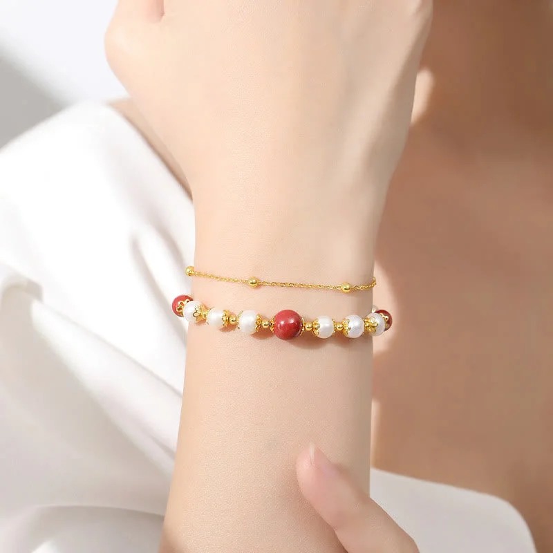 925 Sterling Silver Pearl Cinnabar Wisdom Bead Double Layer Chain Bracelet