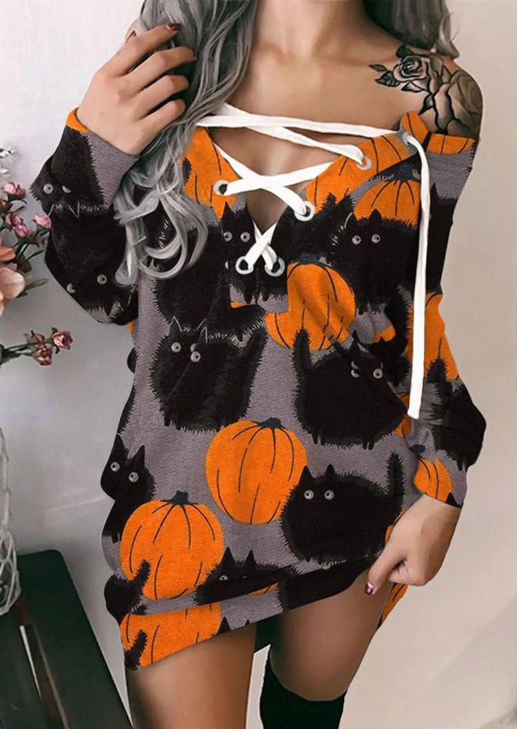 Halloween Pumpkin Cat Lace Up Mini Dress