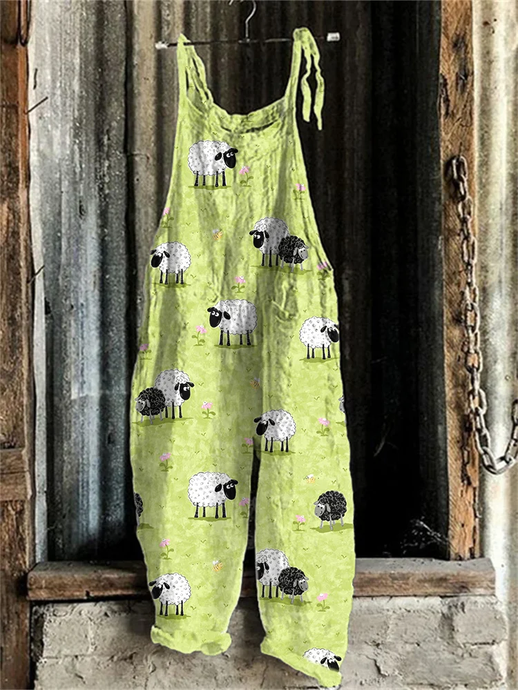 Cute Sheep Print Linen Blend Casual Jumpsuit