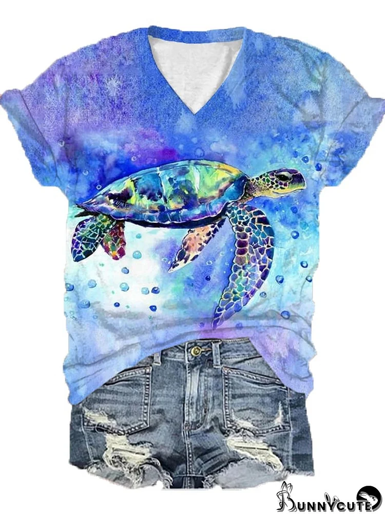 Women's Water Color Sea Turtle Print V-Neck Tee