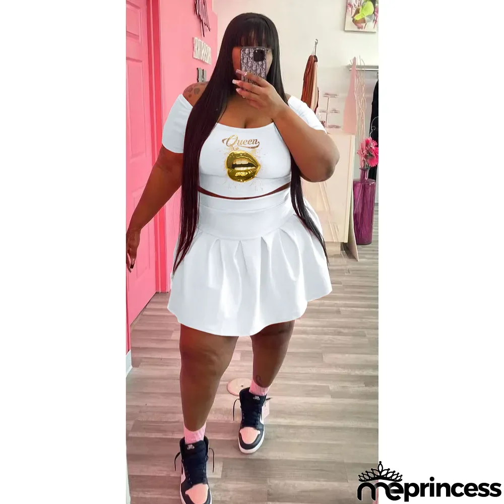 Fashion Plus Size Athleisure Pleated Skirt Two Piece Set