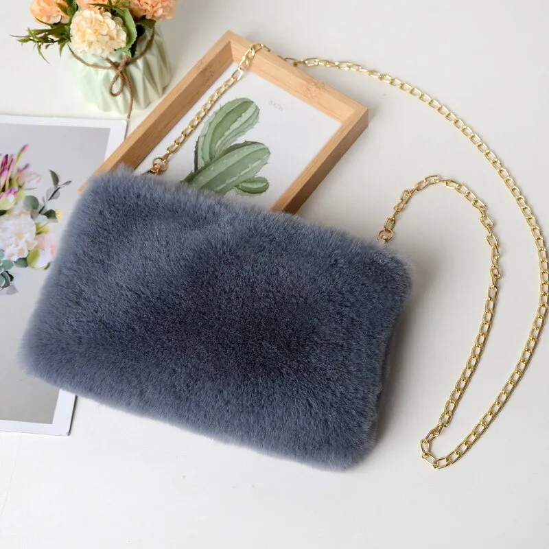 2021 Faux Fur Winter Women Shoulder Crossbody Bag Fashion Square Shaped Bag Female Chain Winter Warm Messenger Bag Plush Handbag