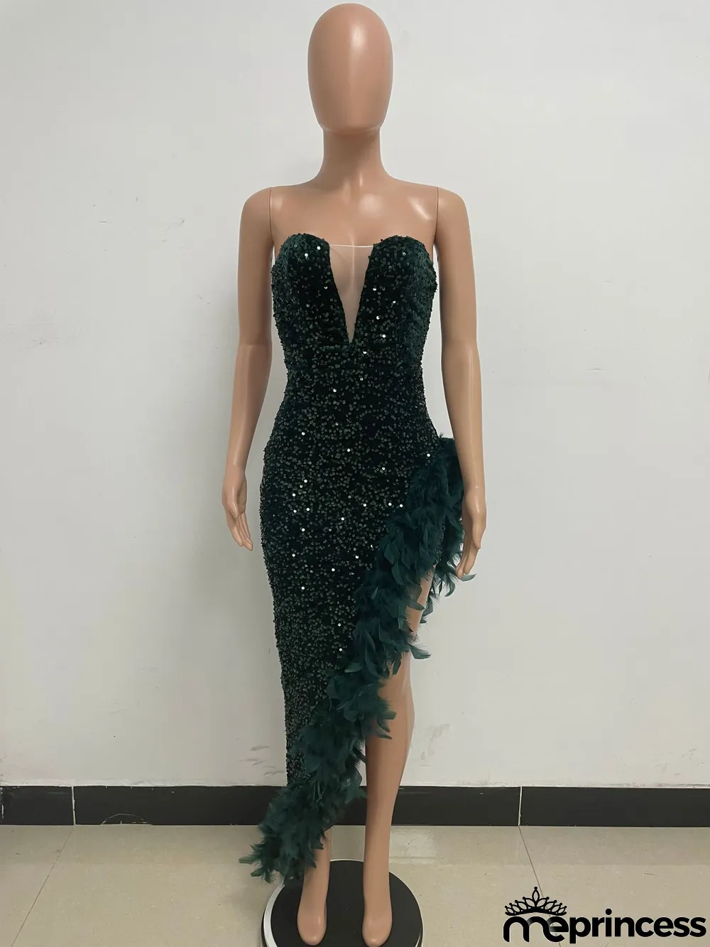 Women Sexy Off Shoulder Backless Sequin Feather Dress
