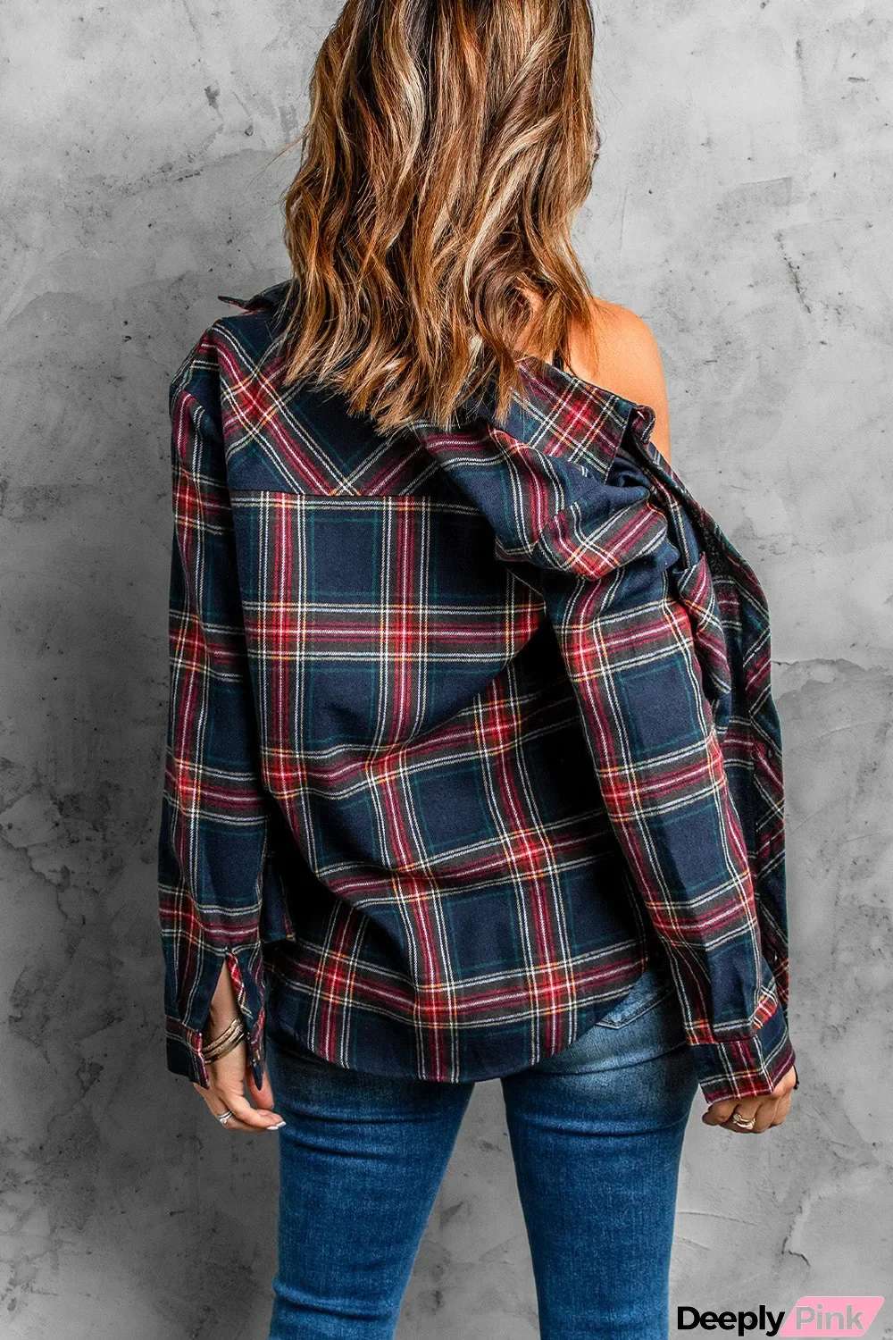 Plaid Button Pocket Long Sleeve Asymmetric Shirt