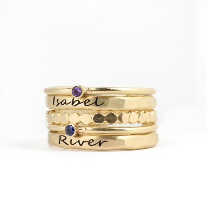 Yellow Gold Personalized Stacking Name Ring Set